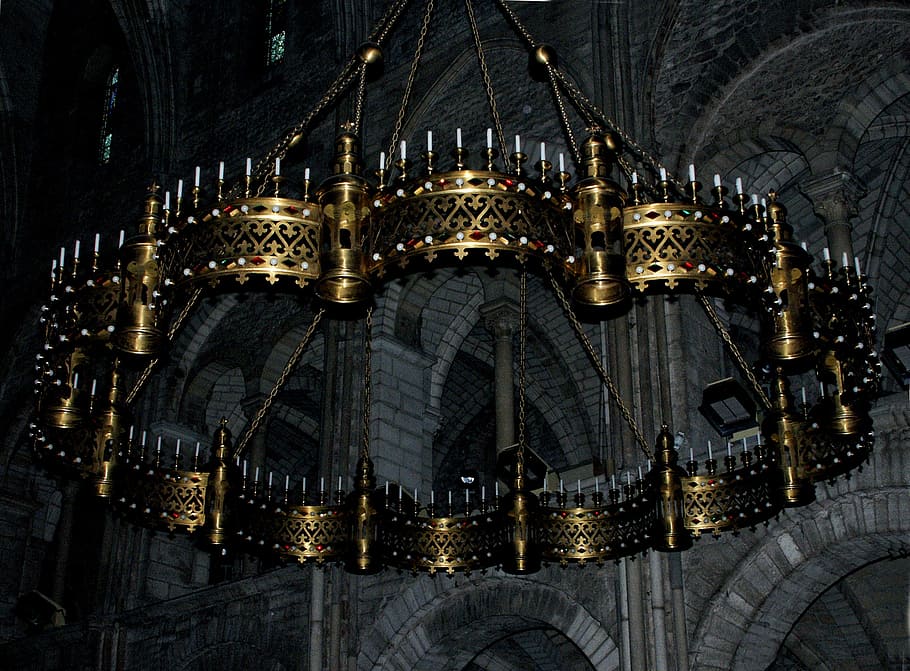 chandelier, light, cathedral, reims, church, floor lamp, gold