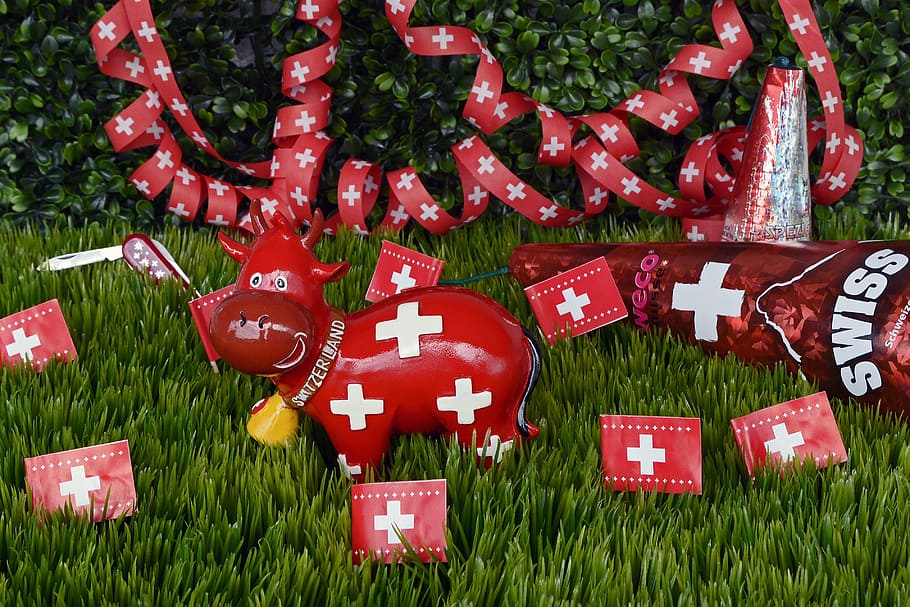 cow swiss-themed decor, national day, switzerland, celebrate, souvenirs, flag, swiss flag, sac diameter, cup, cow, streamer