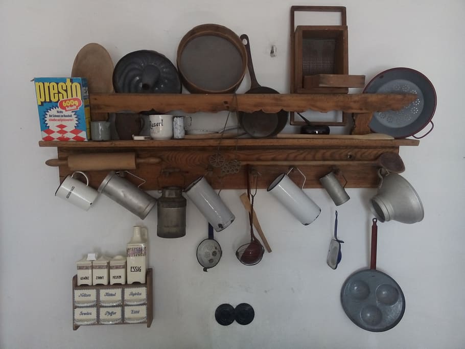 kitchen, kitchen appliances, waldviertel, cook, bake, bowl, ladles, old, baking moulds, kellen