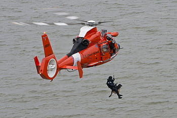 man, hanging, rope, saving, dog, red, black, helicopter, coast guard training, mission, exercise