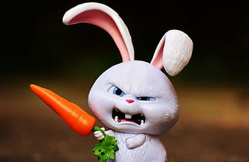 angry, rabbit, holding, carrot figurine, hare, evil, snowball, film character, pets, funny, cute