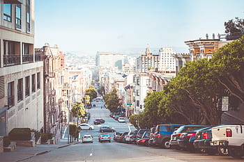 サンフランシスコ通り、 素晴らしい、 ビュー、 ダウン、 カリフォルニア、 車、 都市、 住宅、 交差点、 駐車場、 道路