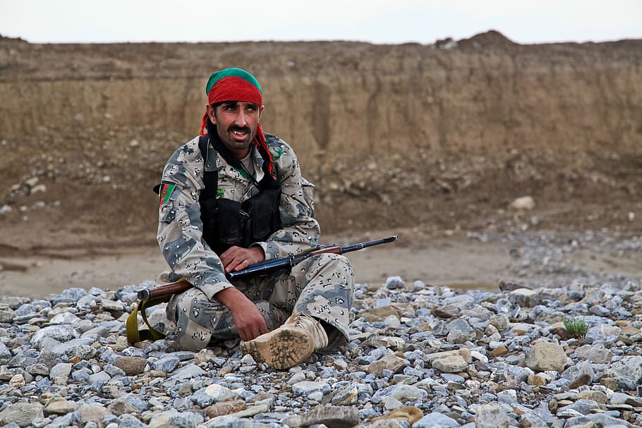 military, man, sitting, rocks, fighter, weapon, afghani, rebel, war, dangerous, afghanistan