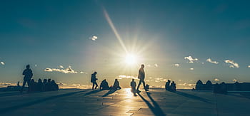 Silhouette, Menschen, Sitzung, Gehen, Gruppe, Stehen, tagsüber, Sonnenuntergang, Sonne, Silhouetten, Schatten