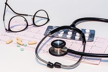 black, stethoscope, eyeglasses, white, surface, ecg, electrocardiogram, heartbeat, heart, frequency, curve