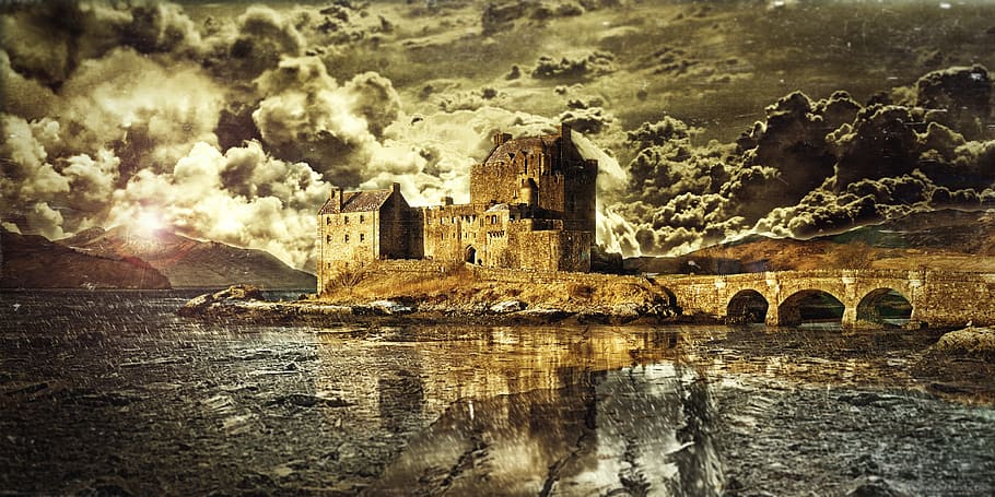 hnědý, beton, budova, vedle, tělo, voda, fotografování, hrad, Skotsko, fotomontáž, barvy