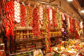 Barcelona, ​​Španělsko, barcelona, Španělsko, la boqueria potravinářský trh, Evropa, cestovat, španělština, zelenina, papriky, prodejna, obchod