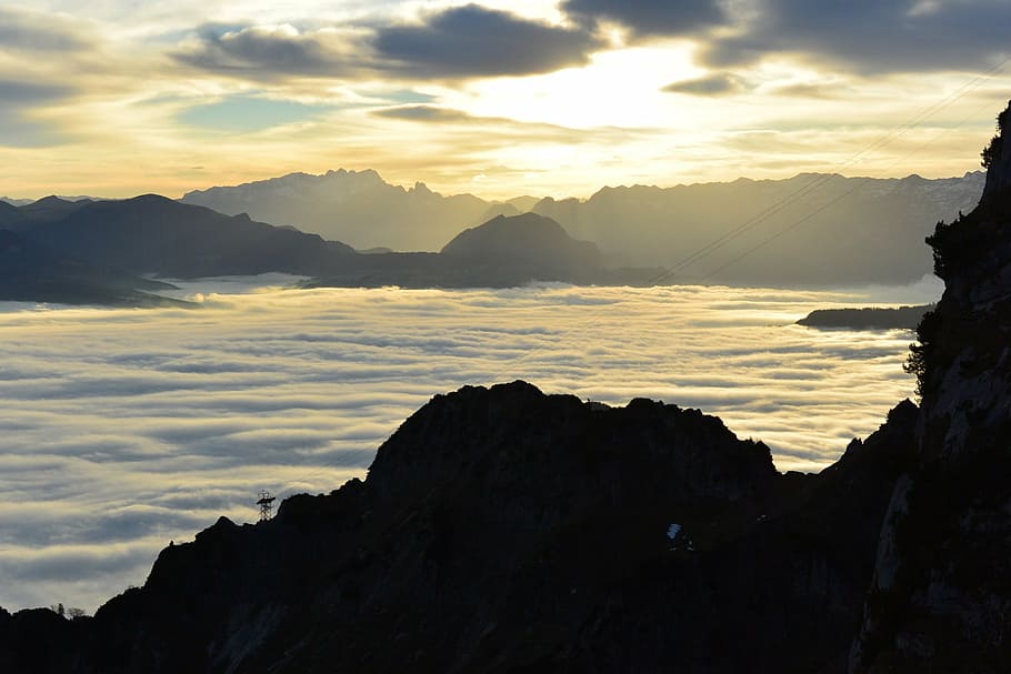 salzburg, austria, unterberg, fog, clouds, alpine, sunrise, nature, mountain, sunset, landscape