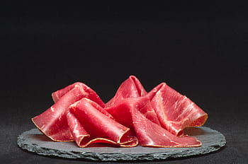 pink textile, Dry Cured Ham, Meat, Plate, Close, Eat, cut, arranged, food, appetizing, bündnerfleisch