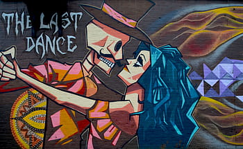 poslední, taneční kostra, žena taneční malba, pouliční umění, graffiti, městský, ulice, malovat, zeď, sprej, barva