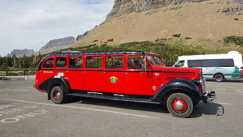 classic, red, black, bus, glacier national park, tour, tourists, highway, scenery, scenic, travel