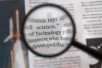 technology word, magnifying, glass, concept, document, focus, letter, looking, magnify, newspaper, paper