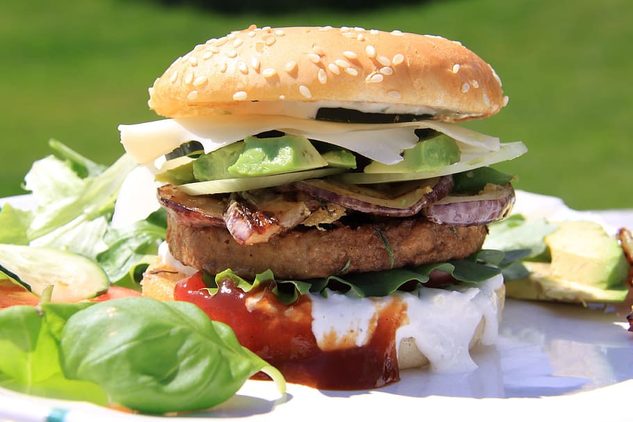 burger se zeleninou, jíst, hamburger, cibule, avokádo, veggi, vegetarián, jídlo, Fast Food, gril, večeřet