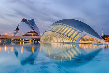dome-shaped, white, structure, surrounded, water, valencia, spain, calatrava, sunset, city of arts, city of sciences