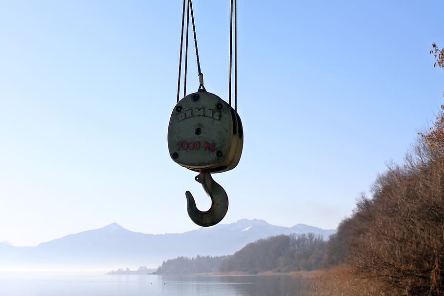 detail, šedá, řetězový hák, tělo, voda, háček, nosný hák, zvedák nákladu, jeřáb, vyzdvihnout, nákladní dopravu