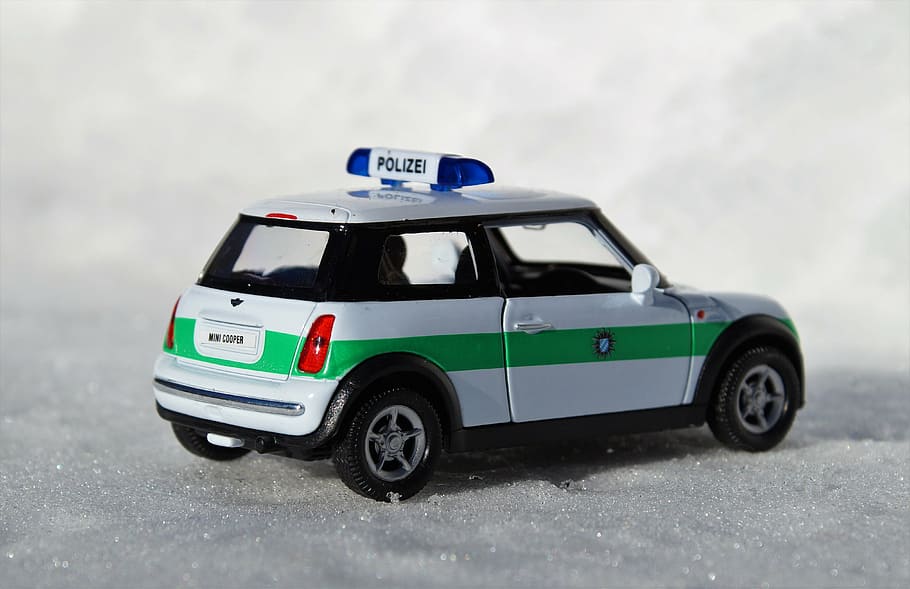 model mobil, mini, mini cooper, kendaraan, mobil, mobil mainan, lampu biru, polisi, mainan