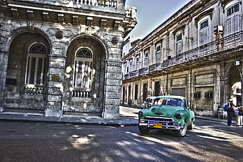 staré auto, město, Havana, kuba, auto, vozidlo, doprava, taxi, klasický, architektura