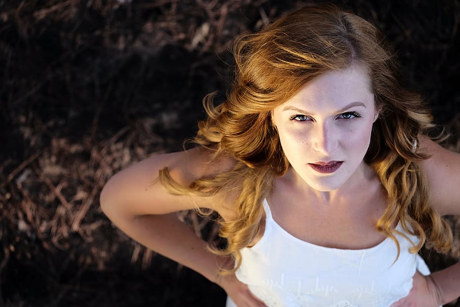woman, wearing, white, camisole, dress, eyes, hair, lips, nature, skin, stance