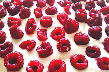 hvit, glasur, toppet, bringebær, jordbær, kake, dessert, søtsaker, frukt, mat, krem