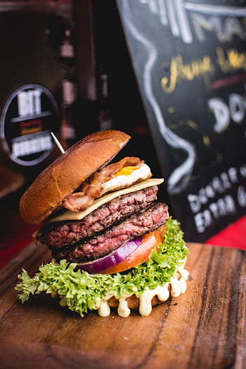 dvojitý hovězí burger, dvojnásobek, hovězí, hamburger, Londýn, maso, cheeseburger, jídlo, listový salát, hranolky, americká kultura
