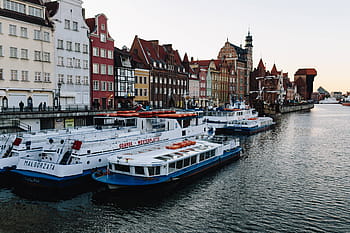 Foto, Gdansk, Polandia, arsitektur, kota tua, rumah petak, nautical Vessel, Scene urban, Tempat terkenal, air, kota