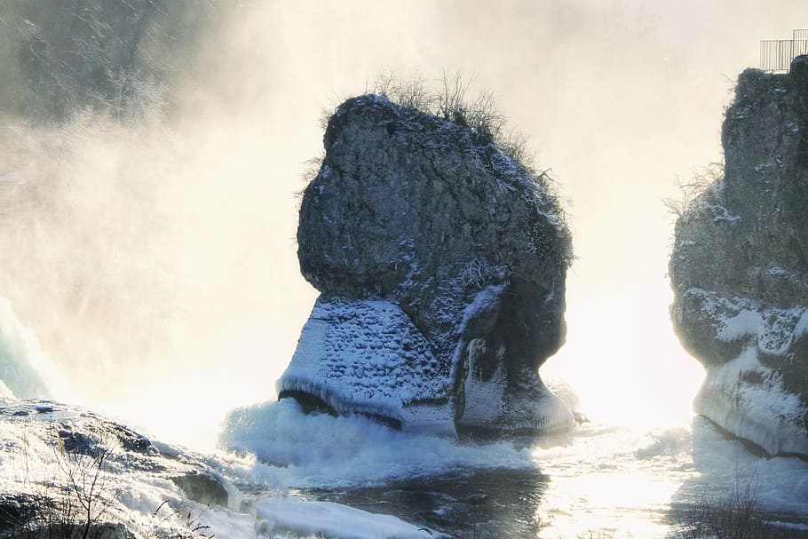 라인 폭포, 스위스, 폭포, 노이 하우젠 오전 rheinfall 오전, 홍수, 활발한, 물, 겨울, 차가운 온도, 눈, 햇빛