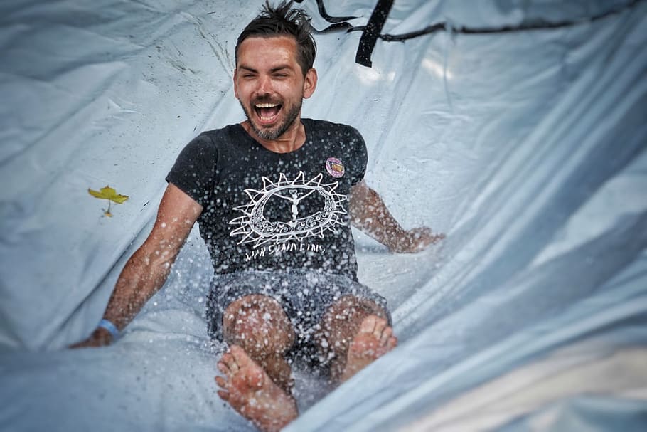 fun, waterslide, slide, summer, splash, wet, outdoor, splashing, funny, smile, adventure
