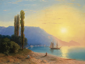 green, trees, boat, beach painting, ivan alvazovsky, landscape, painting, art, artistic, artistry, oil on canvas