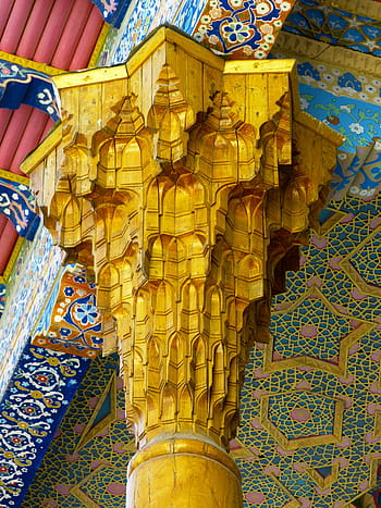 pilar, kayu, ukiran, dihiasi, bolo hauz, masjid, kerajinan seni, berbentuk kolom, bukhara, uzbekistan