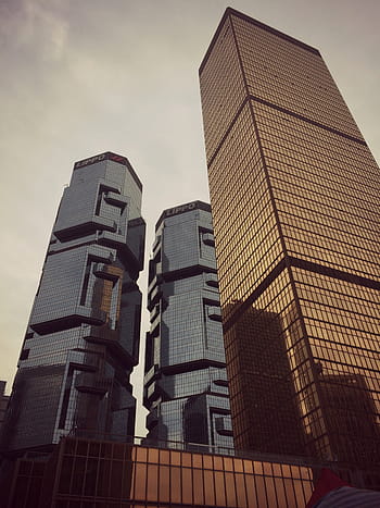 worm, eye view, lippo buildings, three, high, rise, buildings, hong kong, architecture, towers, city