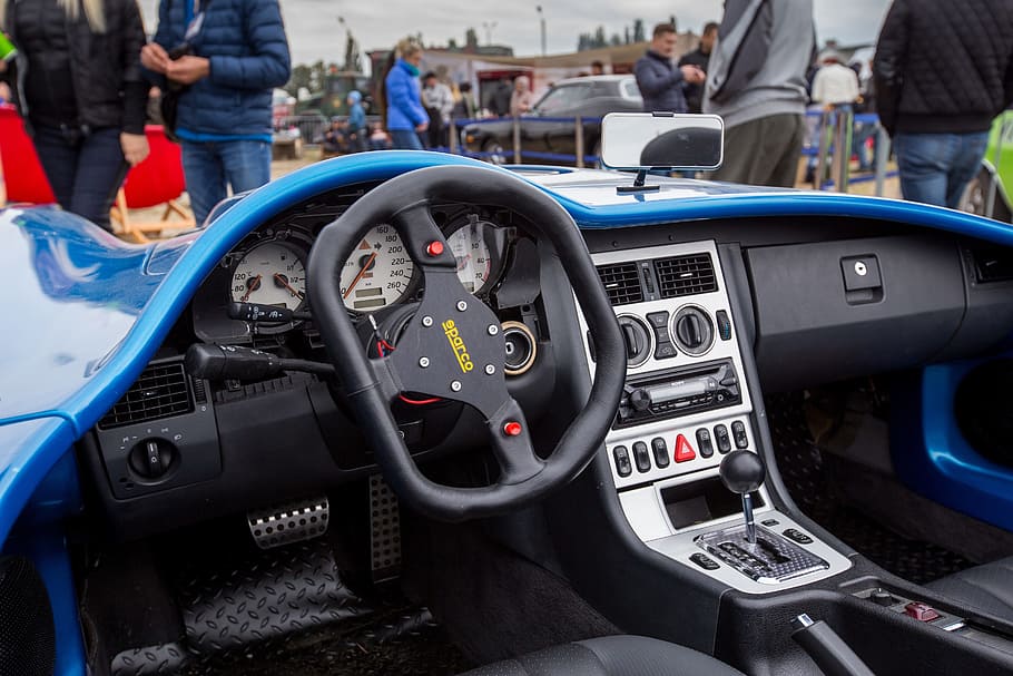 sports car, sport steering wheel, dashboard, convertible, blue