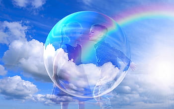 boy, kiss girl, rainbow background, clouds, sky, blue sky, cumulus clouds, mood, summer day, clouds form, children