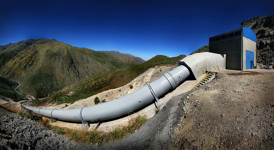 šedá, vodní dýmka, hora, trubka, vodní elektrárna, huanza, Peru, vodní přehrada, hloubit, elektrárna, brána