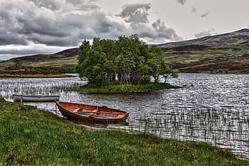 brown, boat, body, water, daytie, bank, reed, boot, rowing boat, clouds, sky