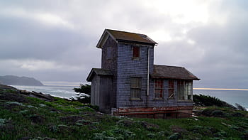 gray, house, sea, daytime, seadside, cottage, beach, architecture, home, coastal, shore