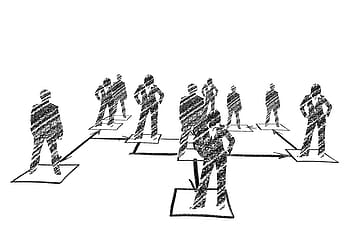 malování na dřevěné uhlí, lidé, stojící, čtverce, hierarchie, člověk, muž, žena, organizace, organizační schéma, budova