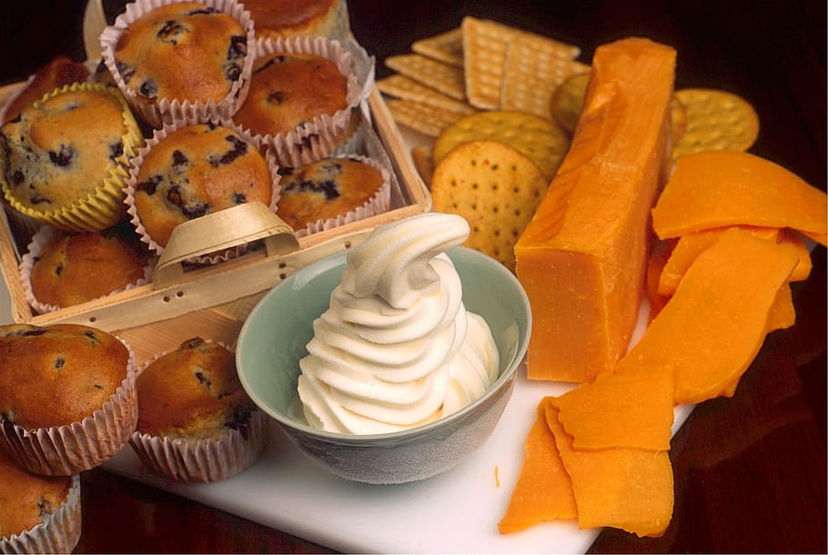snacks, cheese, crackers, soft serve ice cream, blueberry muffins, food, lunch, meal, fresh, delicious, appetizer
