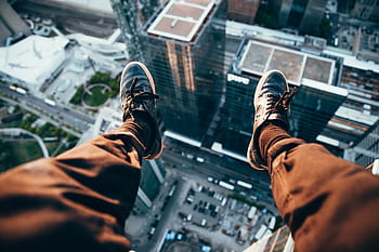 legs, architecture, skyscraper, dangerous, scary, trainers, sneakers, man, people, street, high