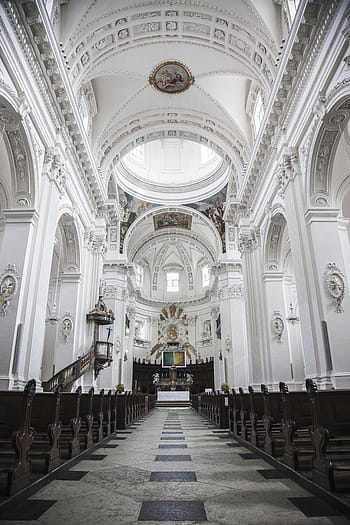 biała betonowa katedra, architektura, budynek, infrastruktura, Struktura, ustanowienie, sufit, kościół, poświęcony, religia, ławka