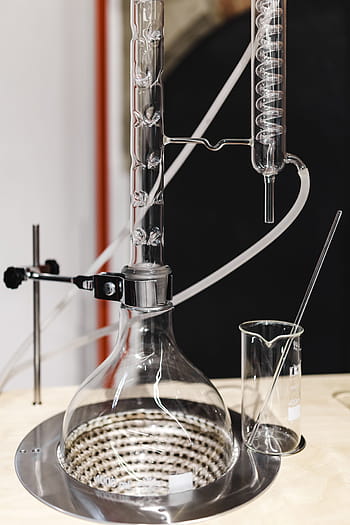 peralatan distilasi gelas, Kaca, penyulingan, peralatan, percobaan, kimia, reaksi, sains, ahli kimia, campuran, laboratorium