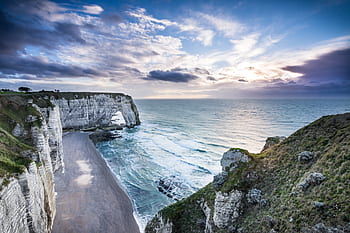 etretat, normandy, beach, cliff, clouds, water, sunset, colors, thunderstorm, france, sea
