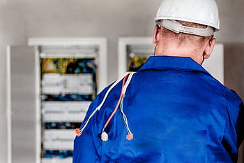 osoba, nošení, modrý, límal, horní, elektrikář, elektrický, elektřina, pracovník, budova, profesionální