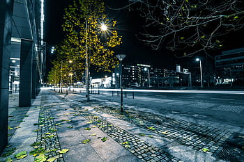 turned-on street light, gray, concrete, road, lighted, lamposts, streets, roads, lamp posts, night, dark