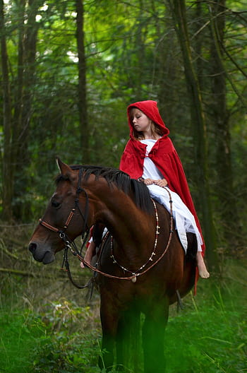 horse, horses, forest, red hood, little red riding hood, fairy tale, story teller, fantasy, nature, girl, adventure