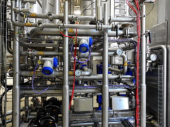 blue, gray, industrial, machine, industry, metal, stainless steel, anlagentechnik, technology, pipes, pressure gauge