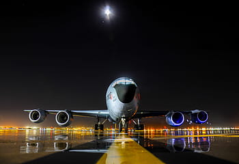 white, airport, nighttime, Kc-135R Stratotanker, Airplane, Jet, flightline, ground, night, military, plane