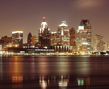 detroit skyline, luci notturne, detroit, orizzonte, Michigan, città, fotografie, dominio pubblico, grattacieli, torri, stati Uniti