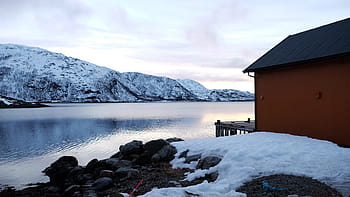 večer, úžasný, rybářské kabiny, chata, krajina, Krásná, nebe, moře, fjord, sníh, hora