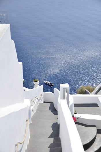 fotografie, schodišťové budovy, moře, loď, během dne, kroky vody moře, Řecko, santorini, středomoří