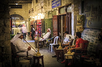 lidé, nábytek, uvnitř, souq waqif, doha, město, katar, kouření